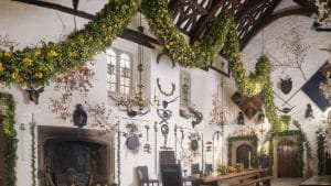 Christmas flower garland at Cotehele Great Hall