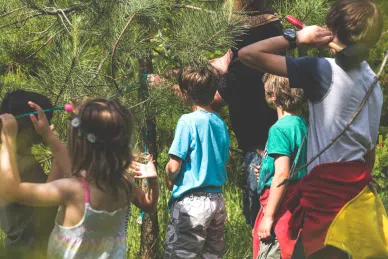 Children in the woods with forest school leader for Wild Tribe